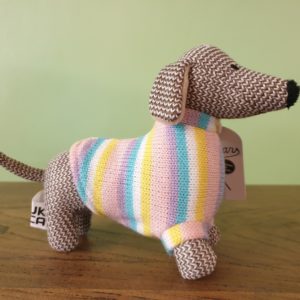 Best Years Knitted Sausage Dog Baby Rattle in Pastel Stripe Jumper
